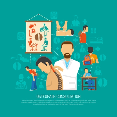 Osteopathy flat design concept with doctor consulting patient and icons of people with spine problems vector illustration