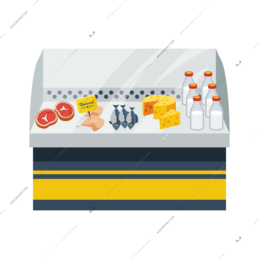 Natural food flat design concept with dairy meat and fish products on counter vector illustration