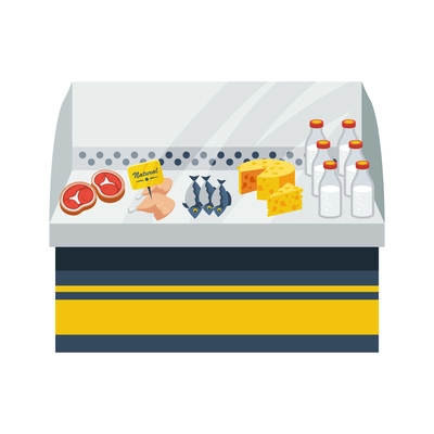 Natural food flat design concept with dairy meat and fish products on counter vector illustration