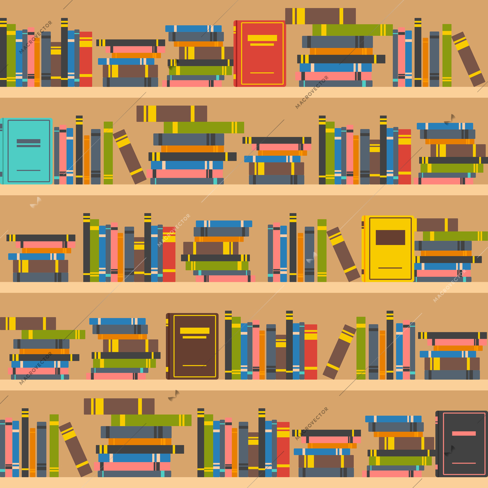 Book shelves in school or home library interior flat vector illustration