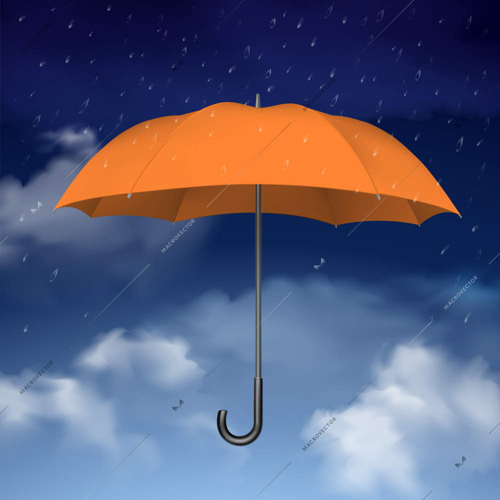 Colorful design concept of orange umbrella at blue sky background with clouds and raindrops vector illustration