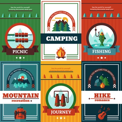 Camping poster set with hiking fishing camping and mountain recreation advertising flat vector illustration