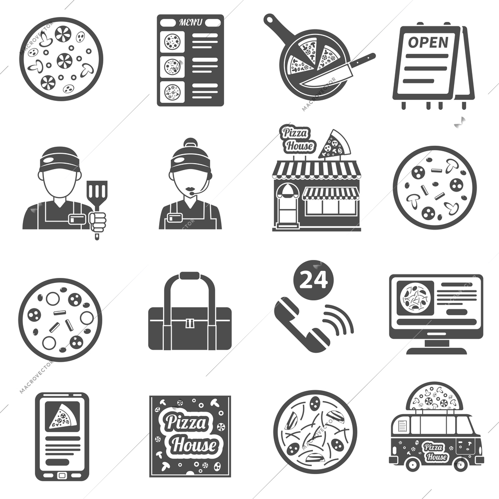 Pizza black icons set with food cooking order and delivery isolated vector illustration