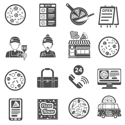 Pizza black icons set with food cooking order and delivery isolated vector illustration