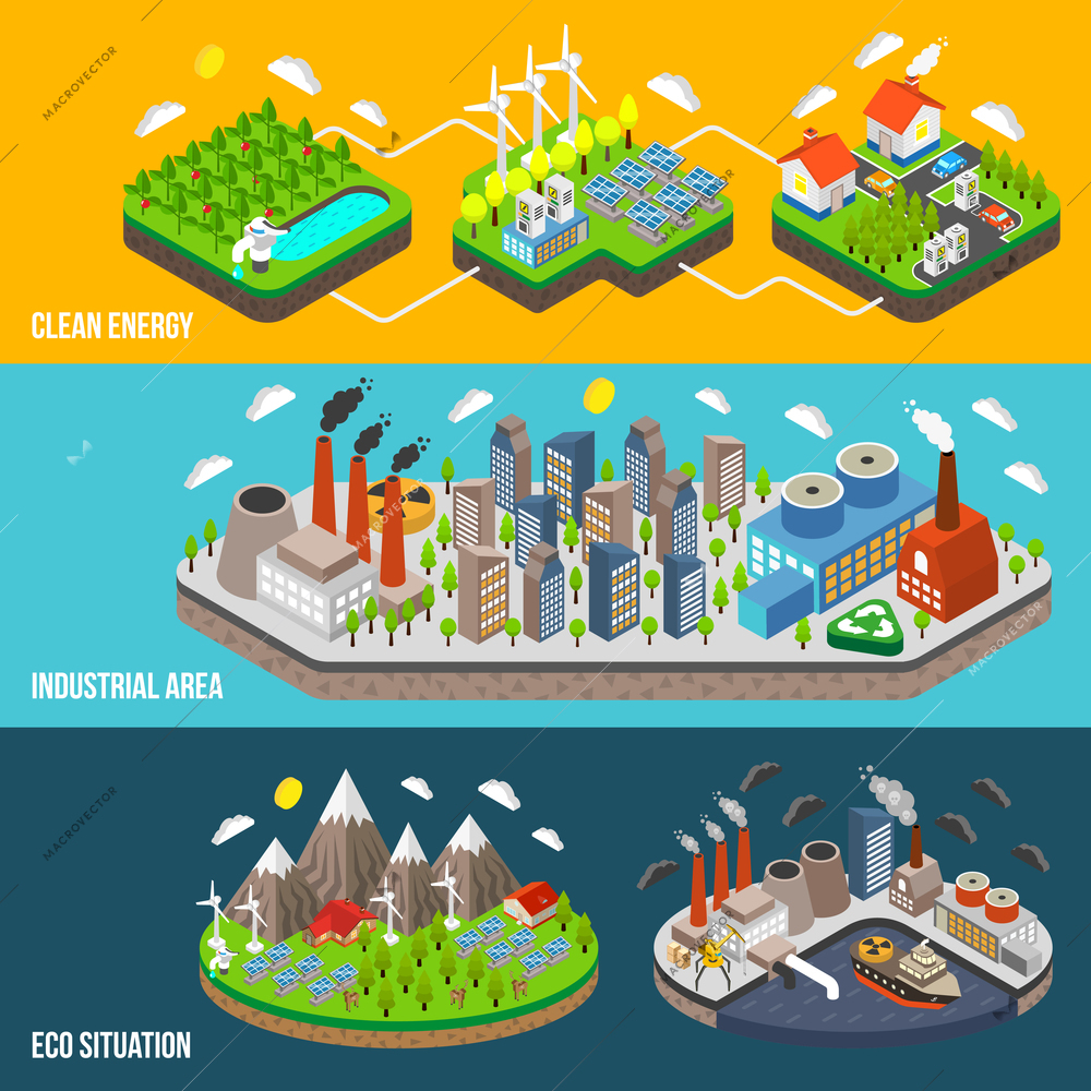 Eco horizontal banner with clean energy wind turbines solar panels electricity vehicle renewable energy compare to industrial area