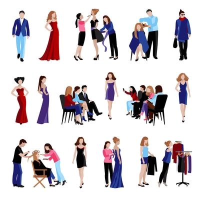 Fashion model flat icons set with dress changing and catwalk isolated vector illustration