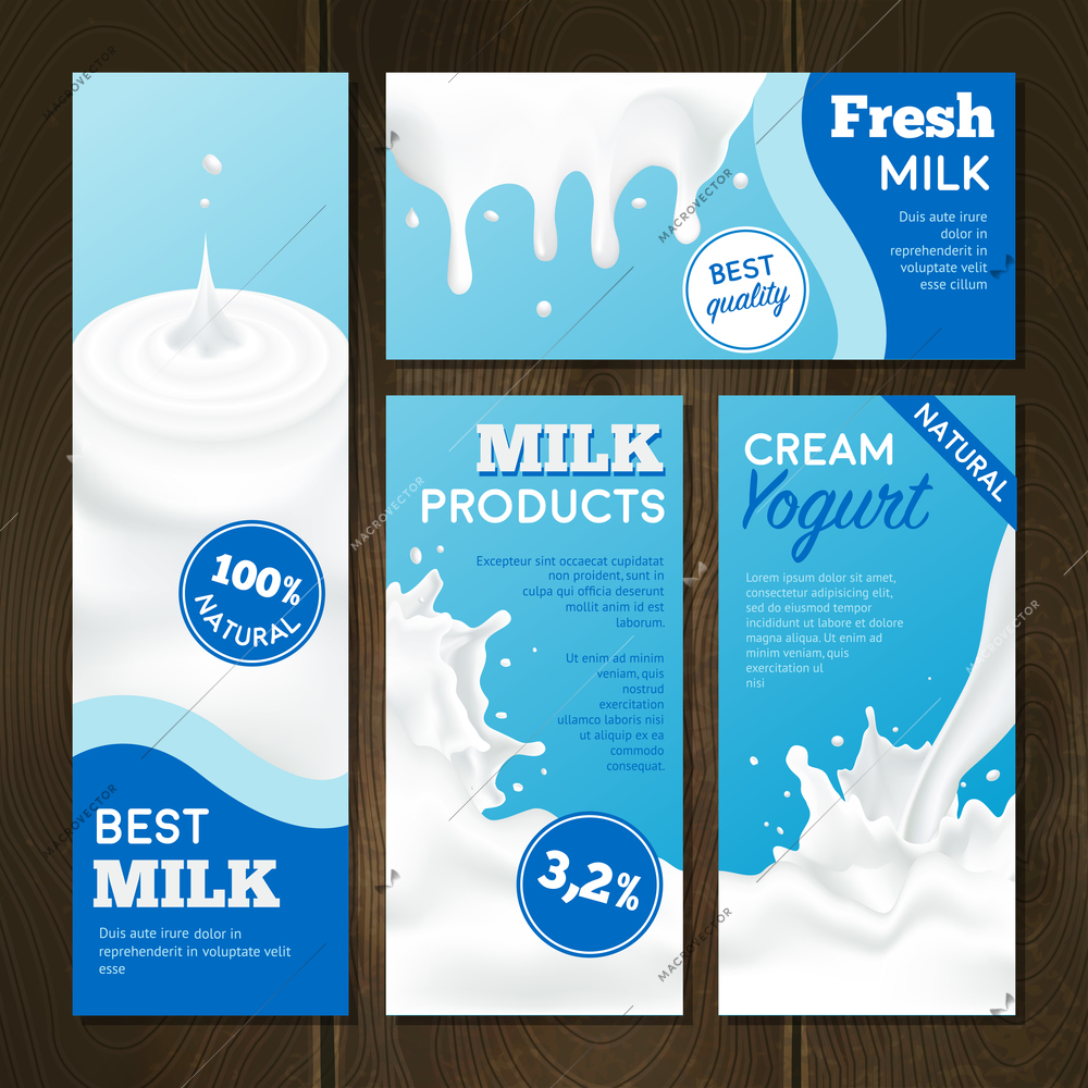 Milk products realistic banners set with splashes on wooden background isolated vector illustration