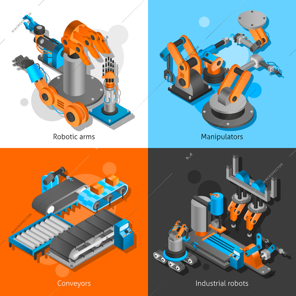 Industrial robot design concept set with robotia arms and conveyors isometric icons isolated vector illustration