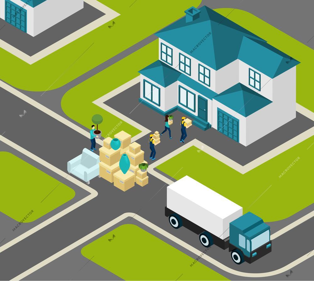 People relocating isometric concept with delivery workers truck and house vector illustration