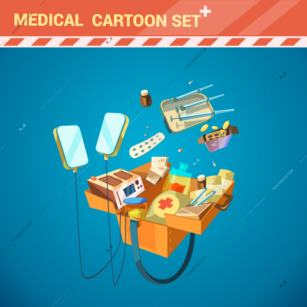 Hospital medical equipment cartoon set with syringe and pills vector illustration
