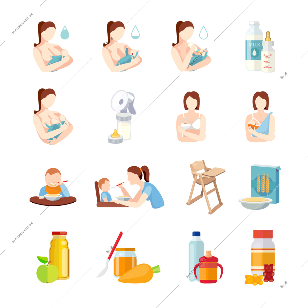 Babies breastfeeding positions and toddlers milk formula feeding with spoon flat icons set abstract isolated vector illustration