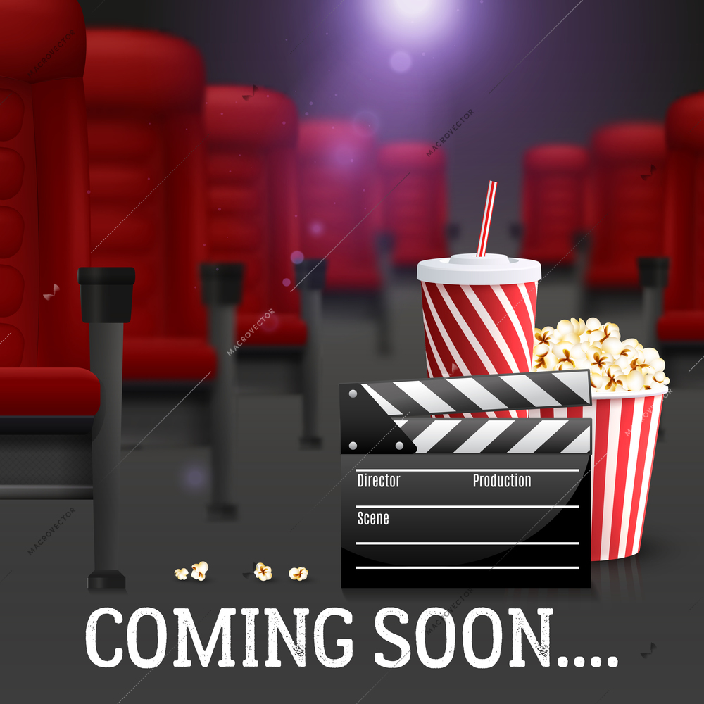 Cinema and filmmaking realistic background with cola and popcorn vector illustration