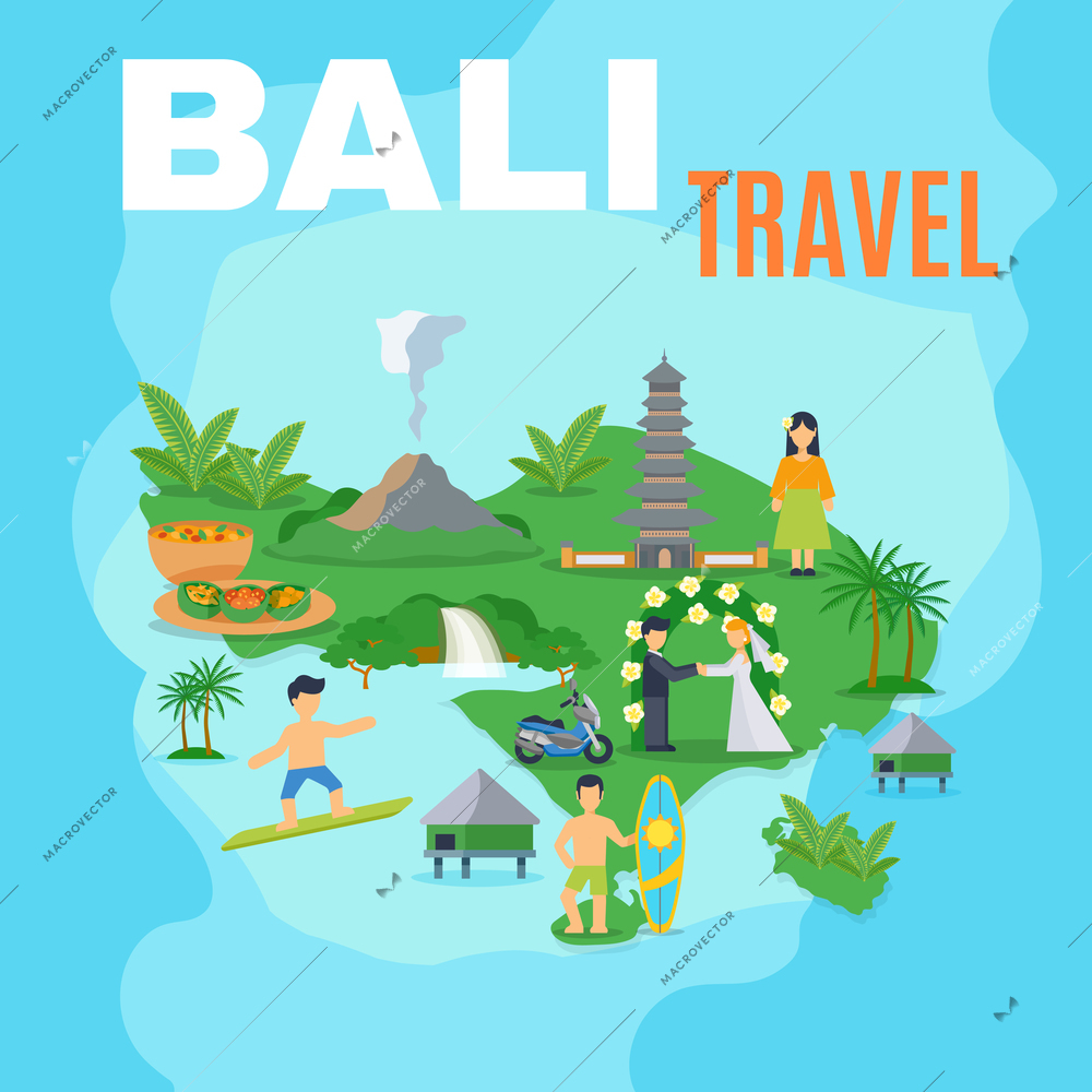 Background map Bali travel green island on blue sea with pictures of tourist places vector illustration