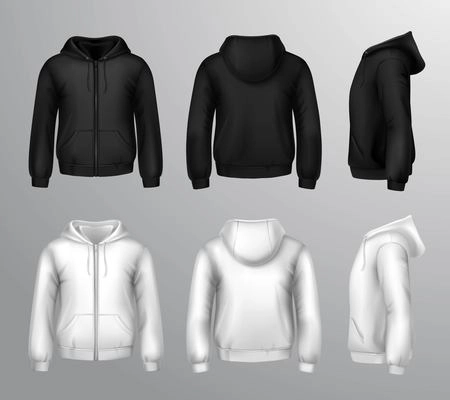 Set of black and white male hooded sweatshirts in realistic style isolated vector illustration