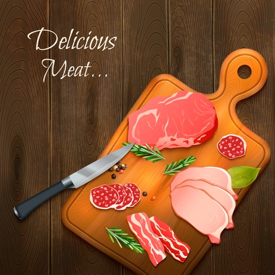 Delicious meat on wooden board with knife and spices realistic vector illustration