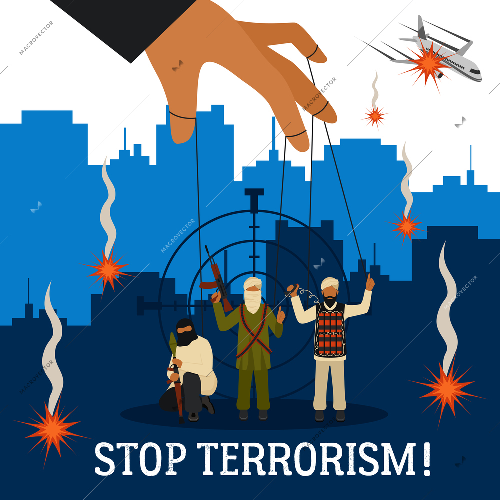 Stop terrorism concept with city plane and  puppet terrorists flat vector illustration