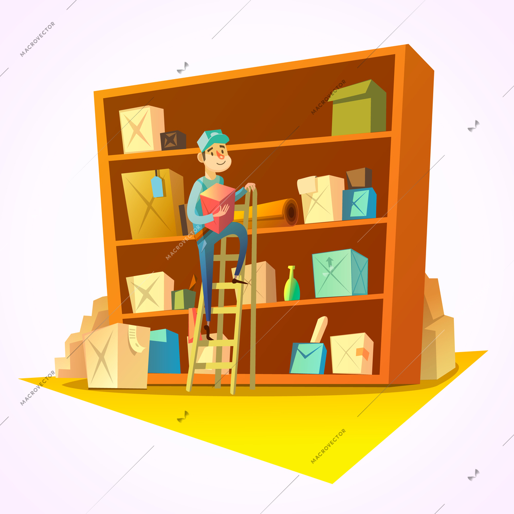 Warehouse concept with worker in front of shelves with goods vector illustration