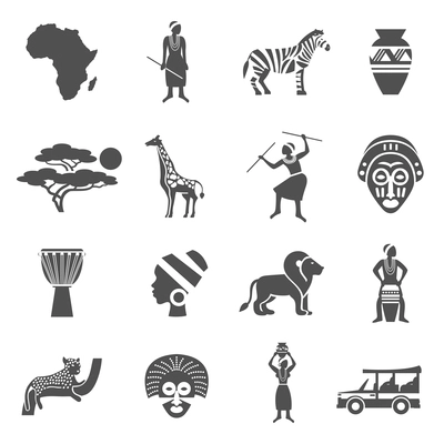 Africa black white icons set with african people and animals flat isolated vector illustration