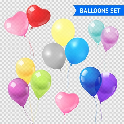 Air balloons in different shapes and colors realistic set on transparent background  isolated vector illustration