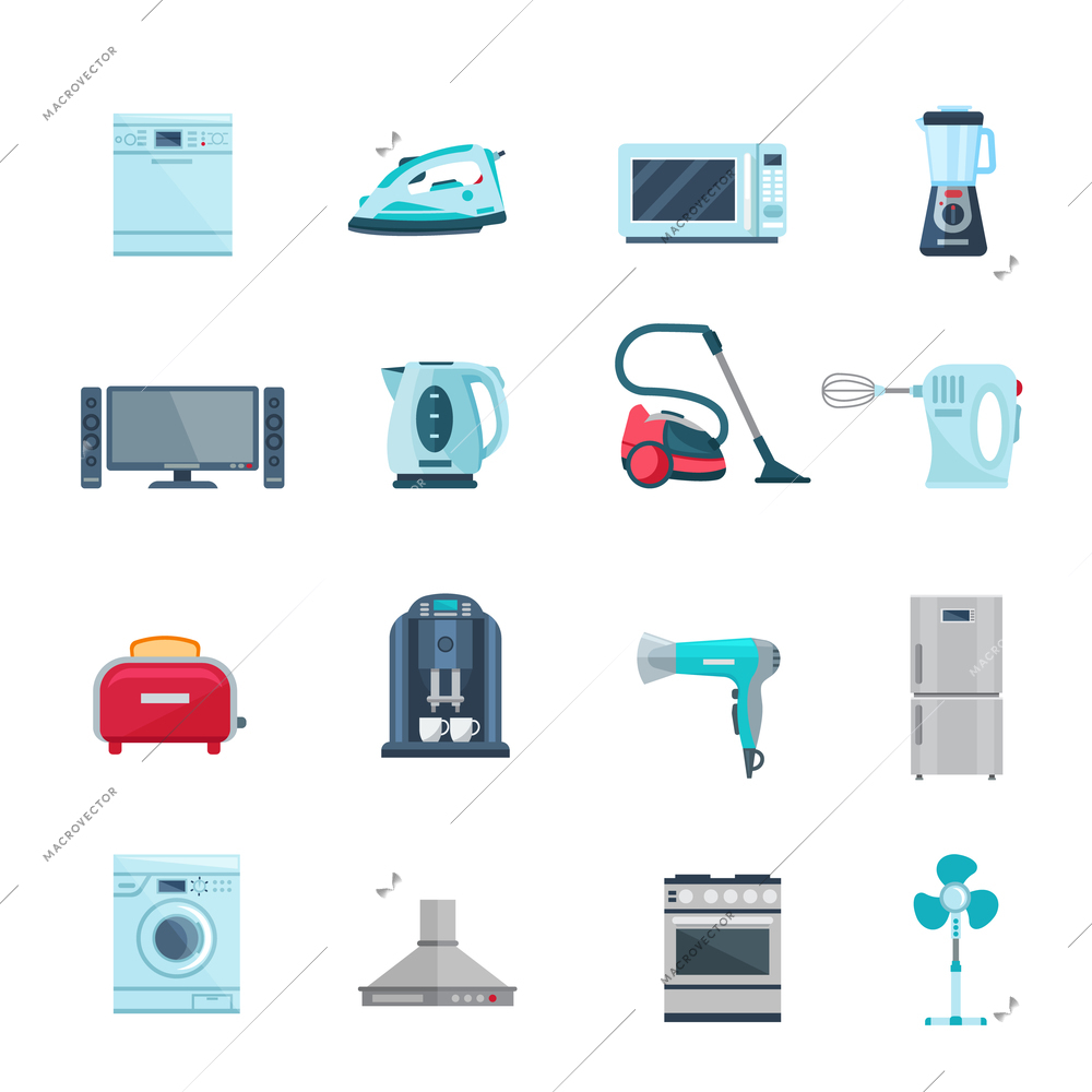 Flat color icons set of household appliances with vacuum iron tv refrigerator washing stove fan isolated vector illustration