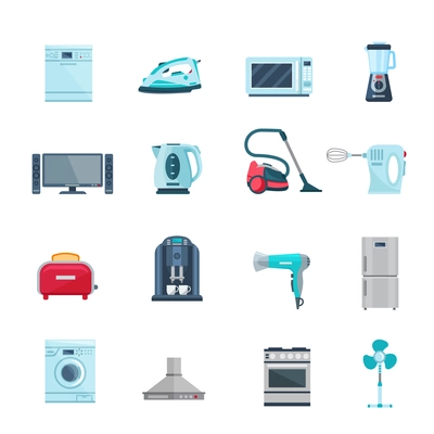 Flat color icons set of household appliances with vacuum iron tv refrigerator washing stove fan isolated vector illustration