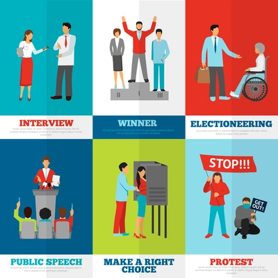 Elections and politics banners set with interview public speech and protest symbols flat isolated vector illustration