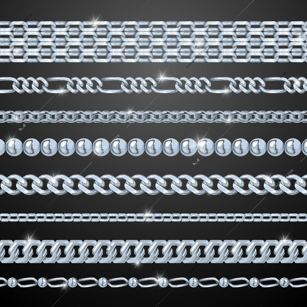 Silver realistic chains set on black background isolated vector illustration