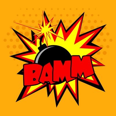 Comic book cartoon bomb with fire expression and bamm text vector illustration