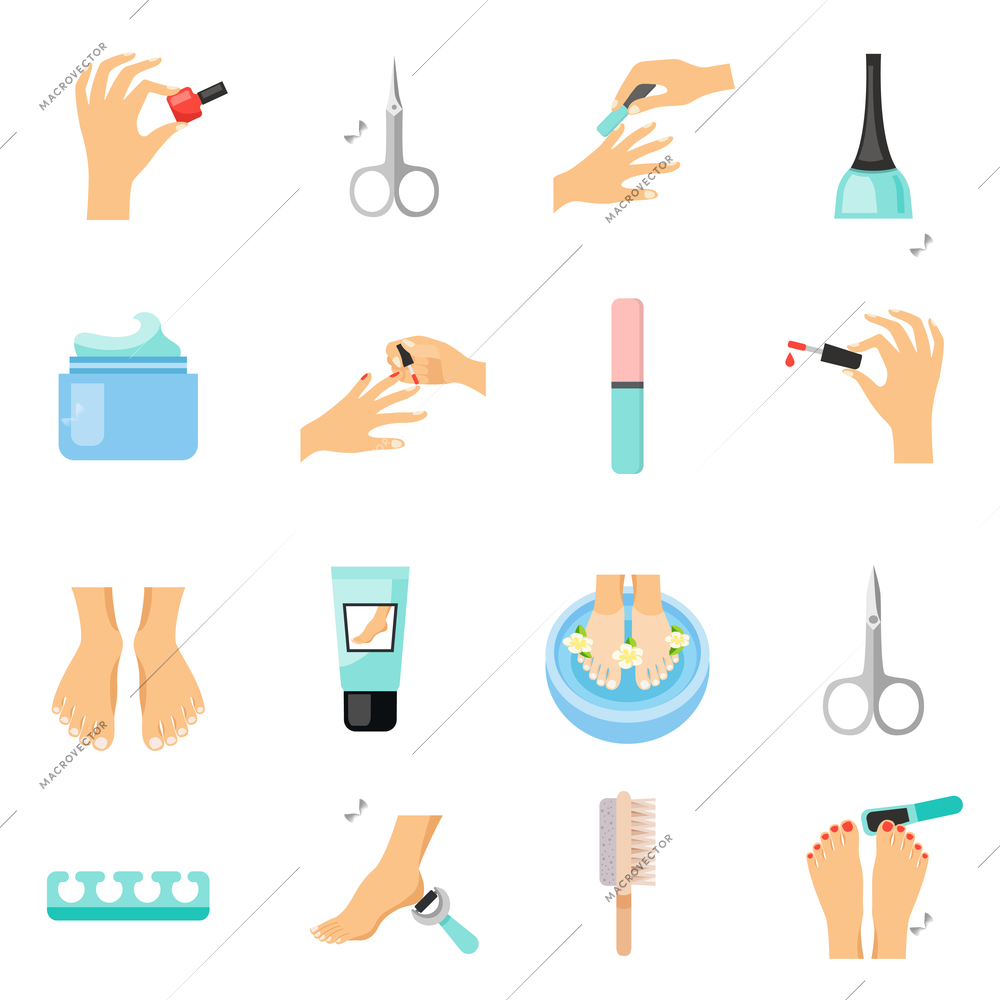 Manicure and pedicure flat Icons set with foot file nail varnish and clippers abstract isolated vector illustration