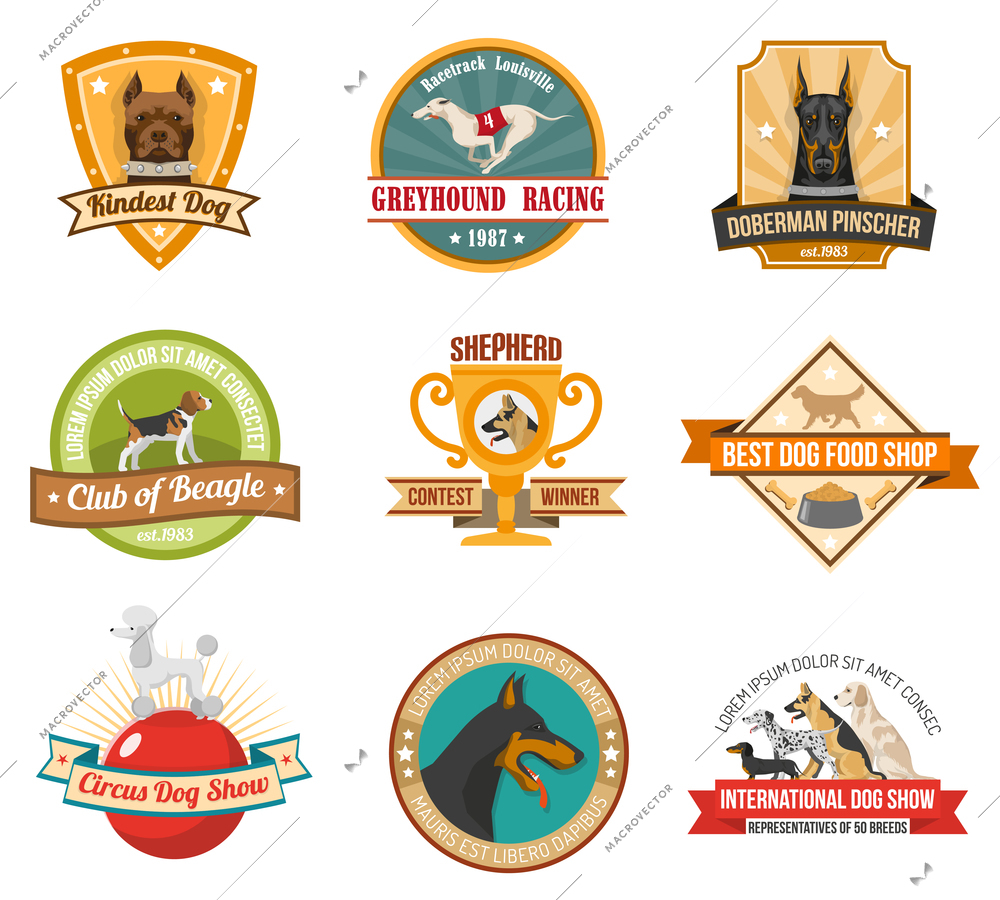 Dogs colored emblems set with pet award shields and cups isolated vector illustration