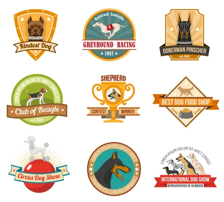 Dogs colored emblems set with pet award shields and cups isolated vector illustration