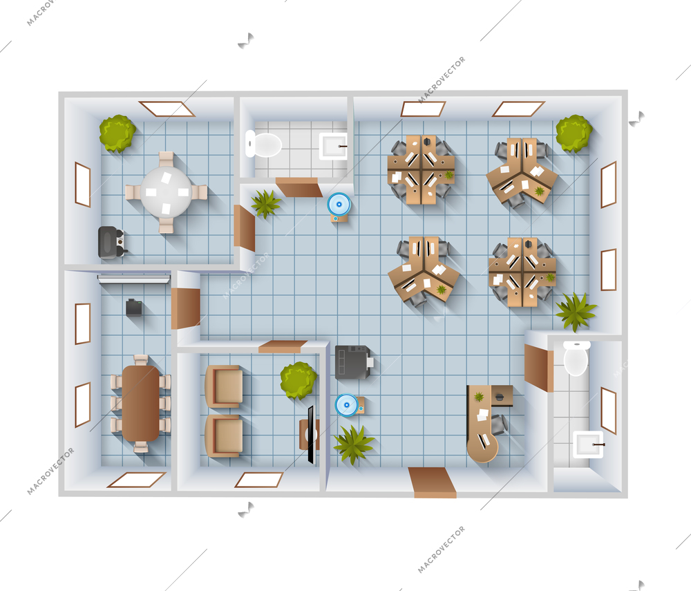 Office interior top view blueprint template with conference room and restroom vector illustration