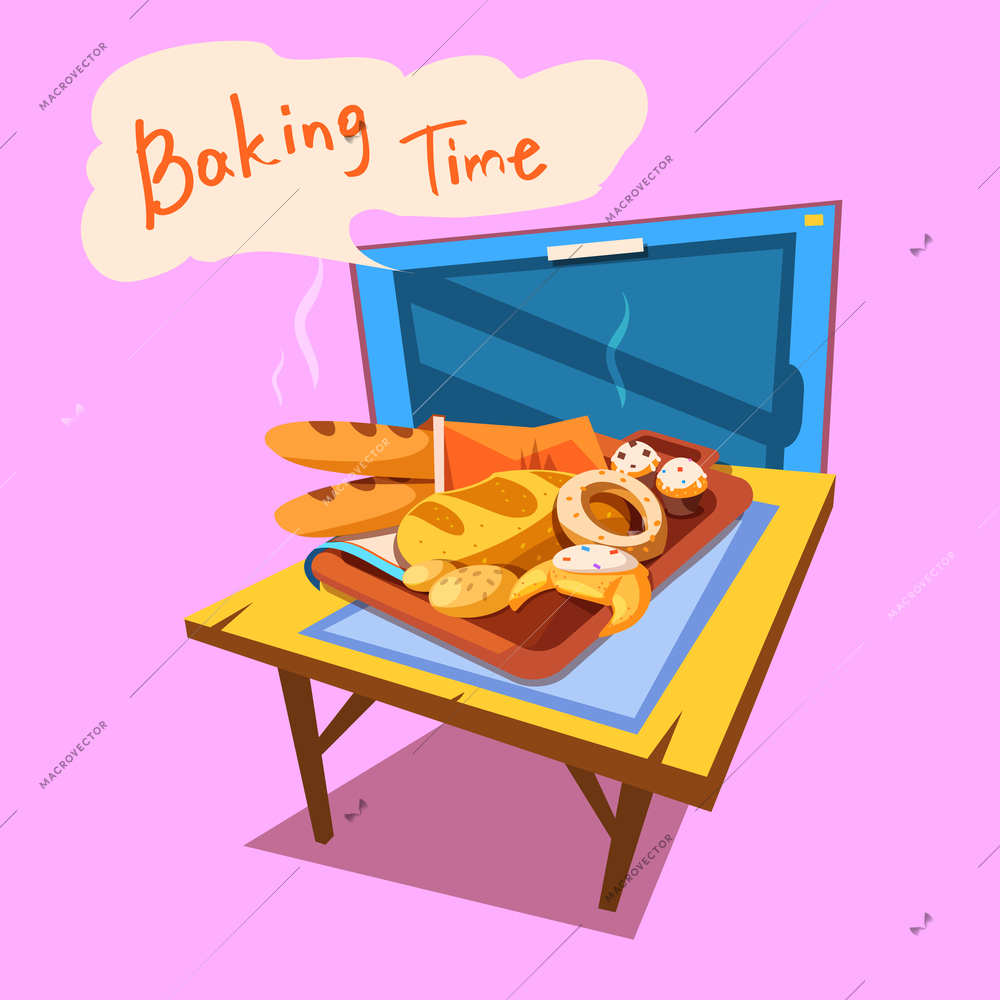 Bakery cartoon with plate full of bread and pastry in front of tv retro style vector illustration