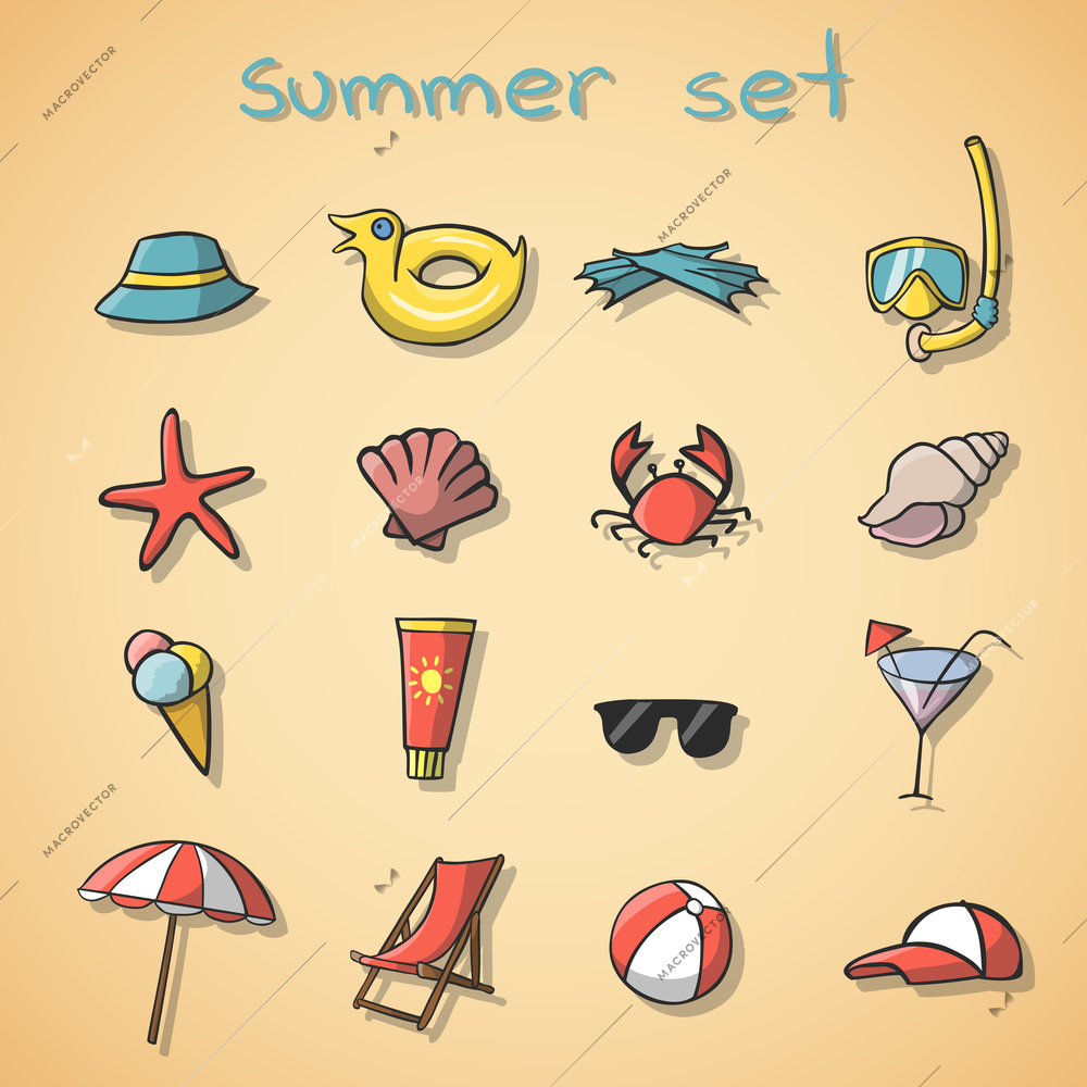 Summer vacation travel icons set of icecream cocktail seashell and beach chair isolated vector illustration