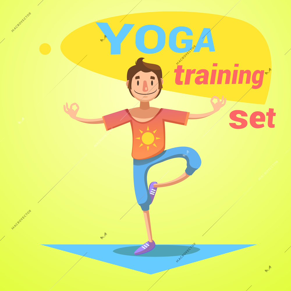 Yoga training set with health and happiness symbols cartoon vector illustration