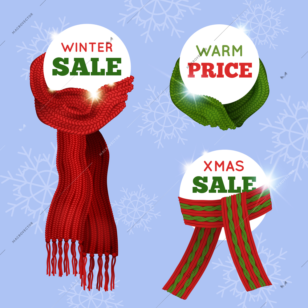 Advertising sale card of different knitted scarfs on light blue seamless background with snowflakes vector illustration