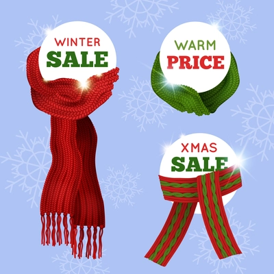 Advertising sale card of different knitted scarfs on light blue seamless background with snowflakes vector illustration