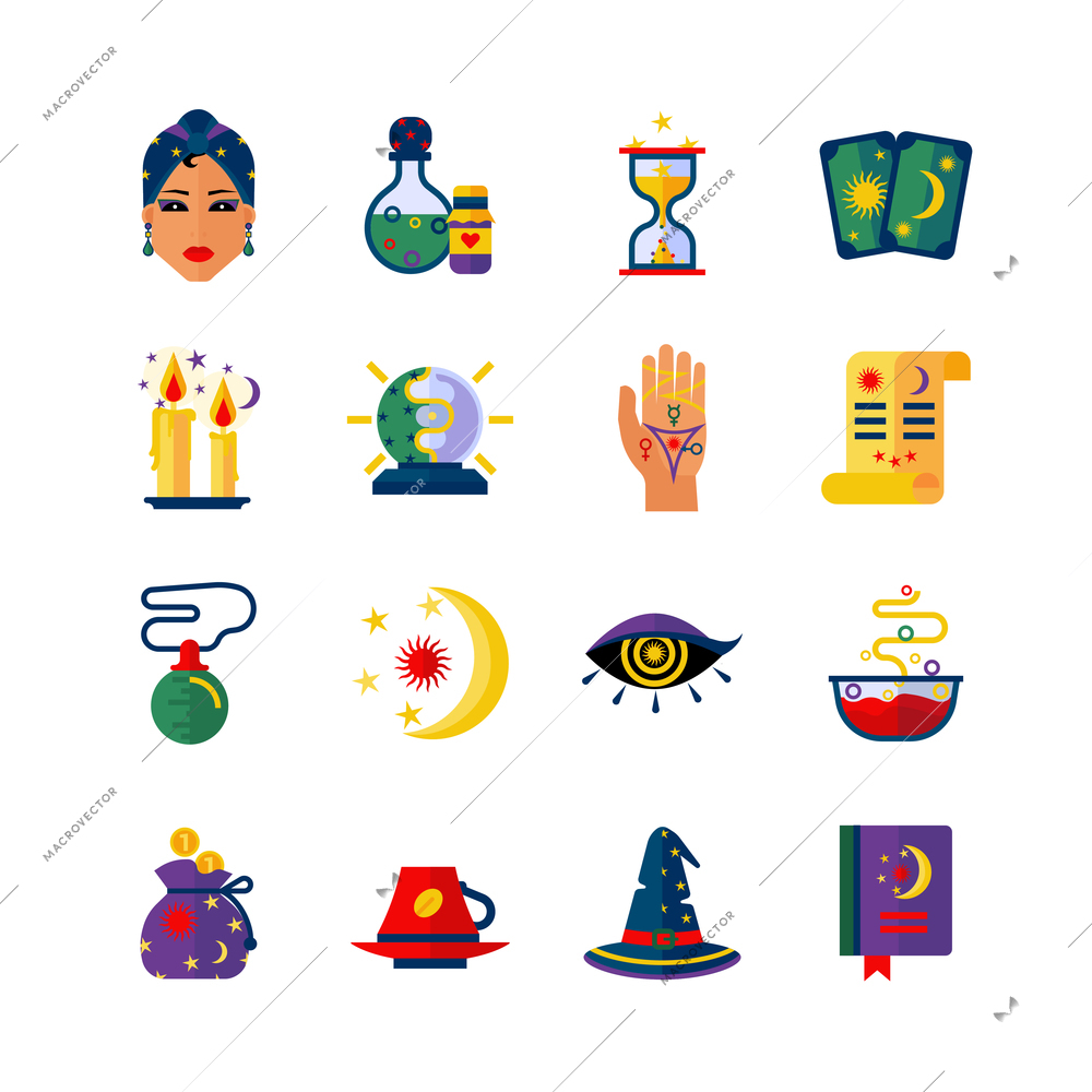 Fortune teller hand palm and card reader woman magic attributes flat icons collection abstract isolated vector illustration