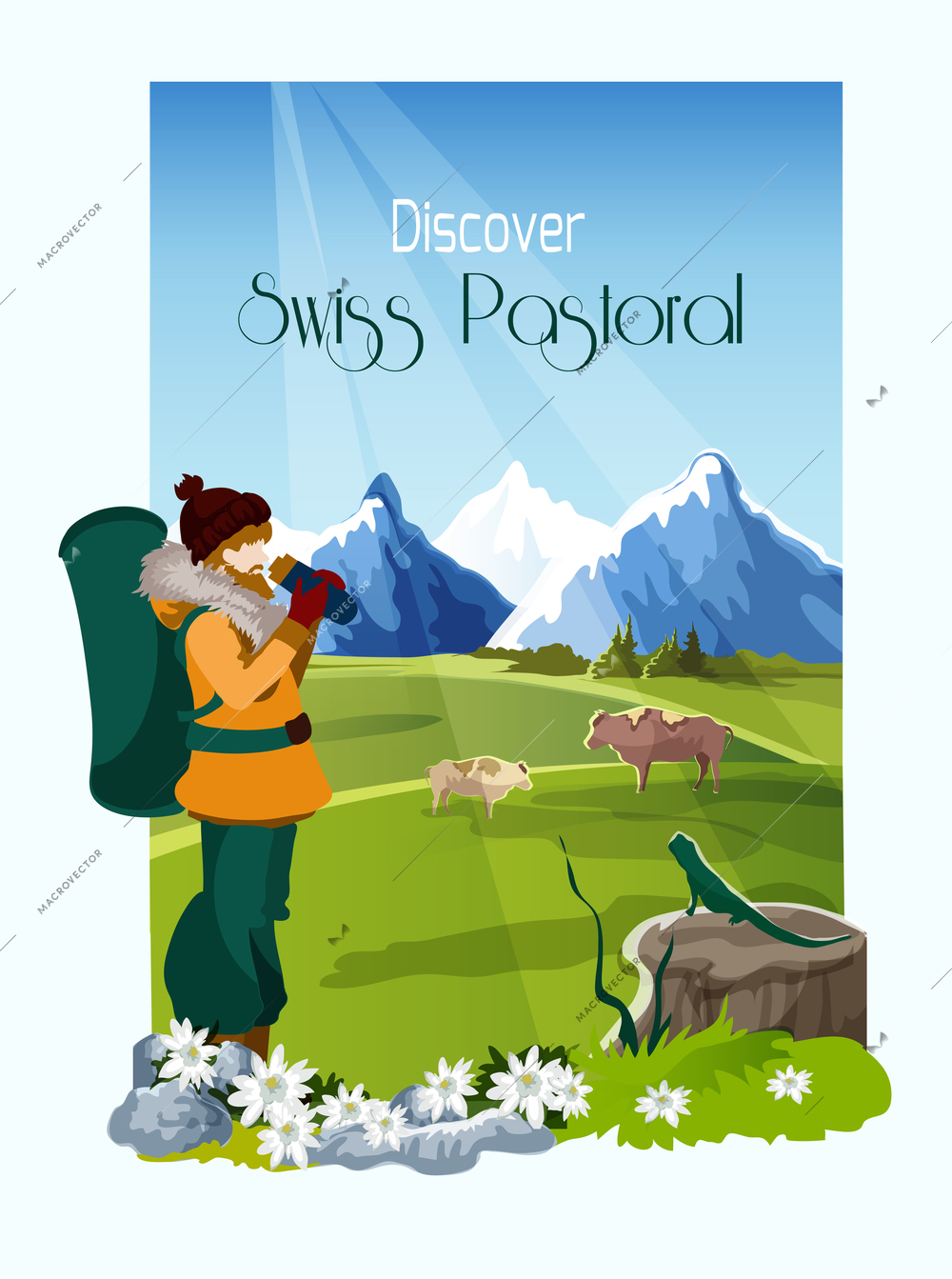 Mountain landscape poster with tourist and cows on background vector illustration