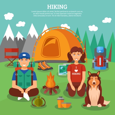 Hiking concept with people and dog sitting in front of campfire and mountains on background vector illustration