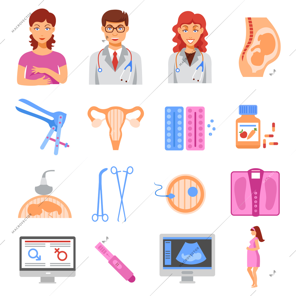 Obstetrics flat icons set with flat gynecology icons set isolated vector illustration