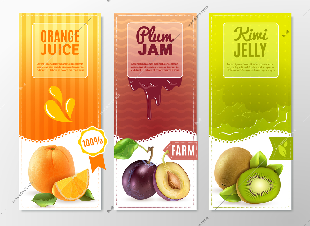 Orange juice plum jam and kiwi jelly 3 vertical colorful advertisement banners set abstract isolated vector illustration