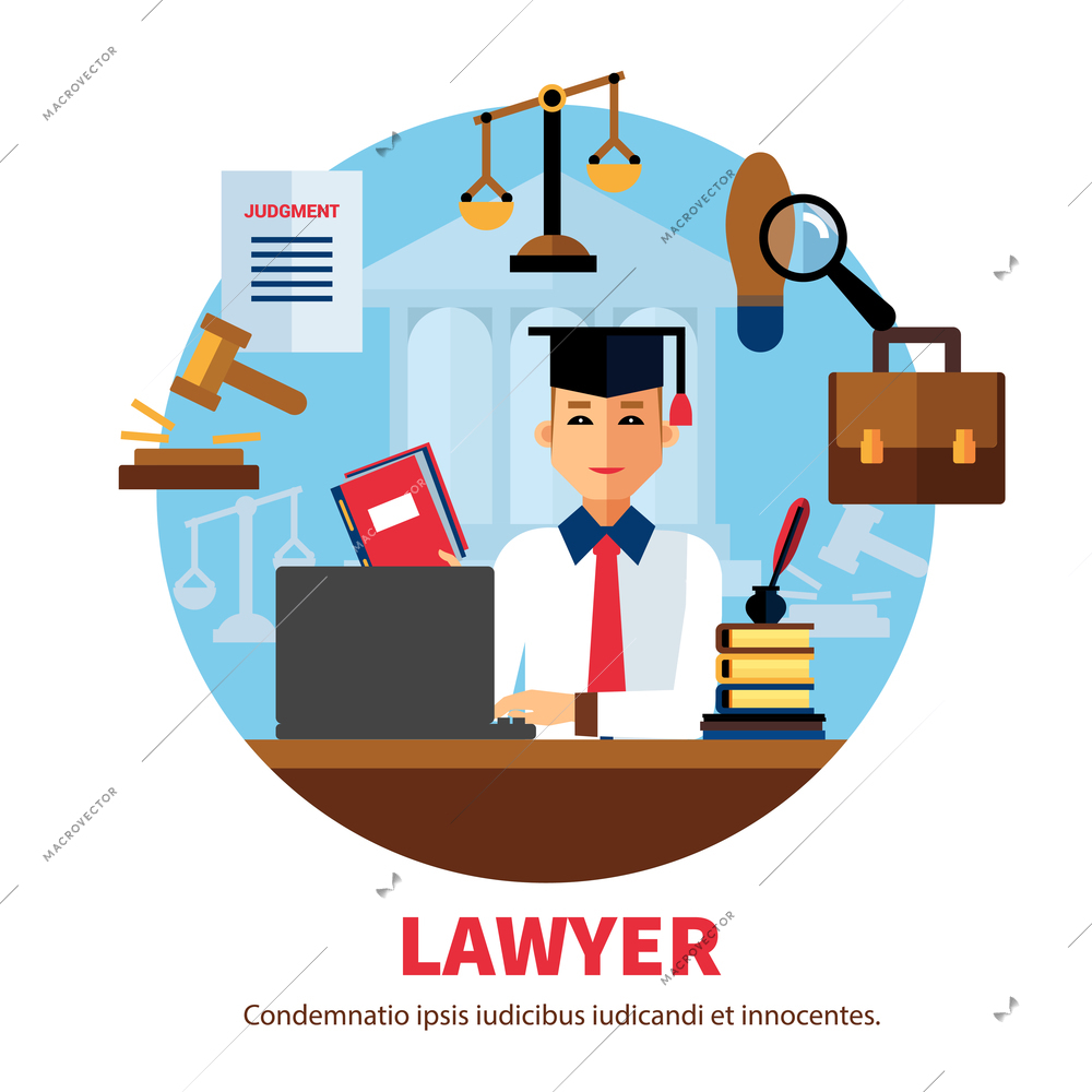 Lawyer  jurist legal expert poster with icons of professional subjects on white background vector illustration