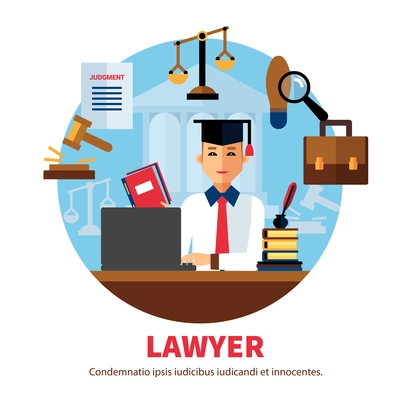 Lawyer  jurist legal expert poster with icons of professional subjects on white background vector illustration