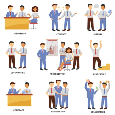 Business character set with discussion conflict and dispute scenes isolated vector illustration