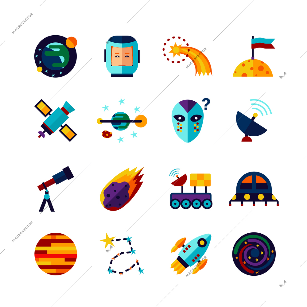 Space symbols Flat Icons Collection with planets cosmonaut spacecraft alien and comet abstract isolated vector illustration