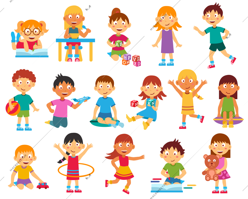 Happy kids playing reading and running flat silhouettes set isolated vector illustration