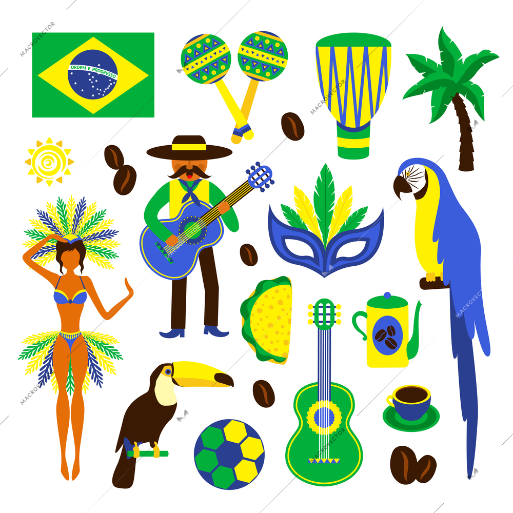 Brazil decorative icons set with football carnival coffee parrot isolated vector illustration