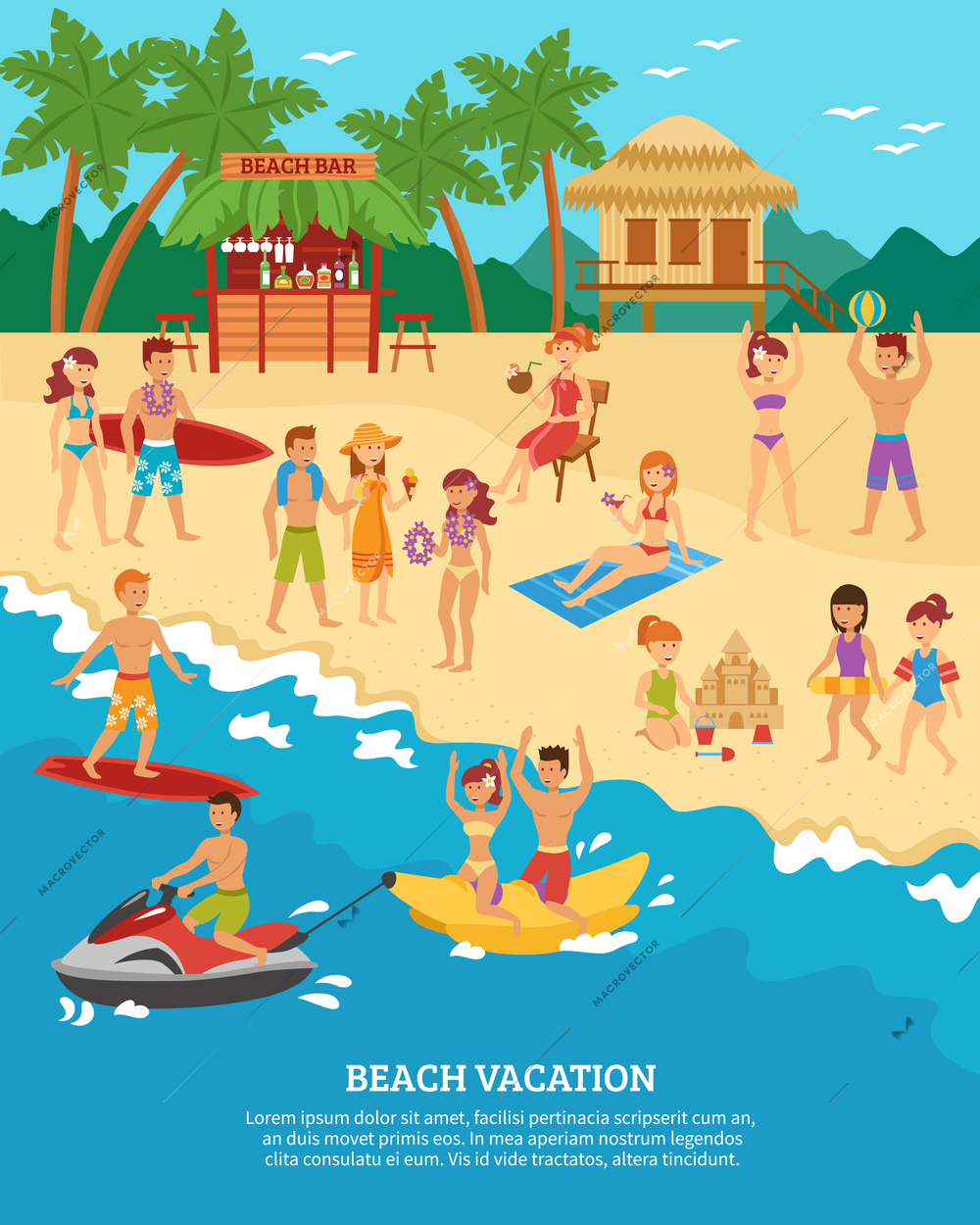 Summer beach vacation scene with flat people silhouettes vector illustration