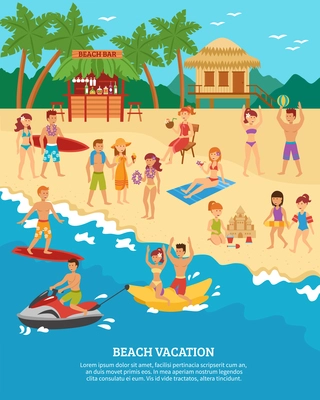 Summer beach vacation scene with flat people silhouettes vector illustration